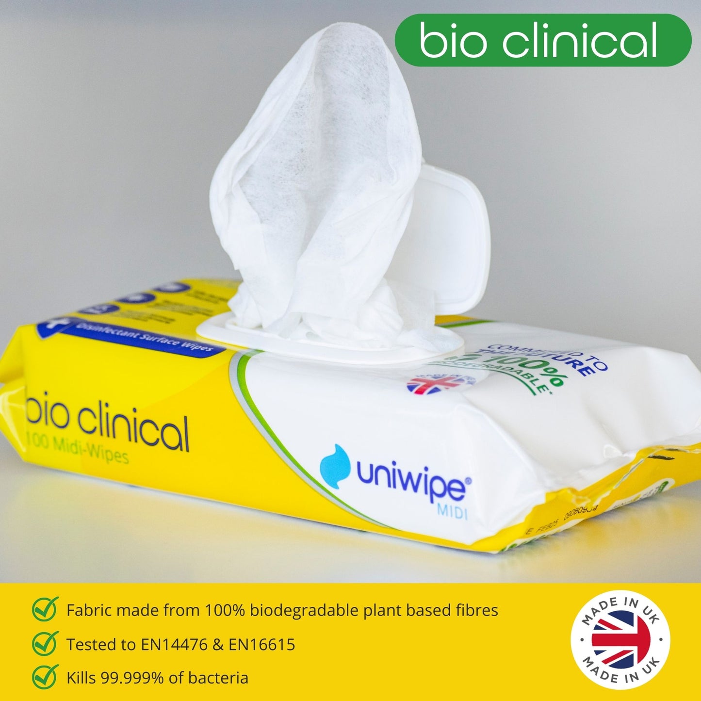 Uniwipe - Bioclinical Disinfectant Surface Wipes 100% Biodegradable Wipes (Pack of 100) - Case of 15 Packs