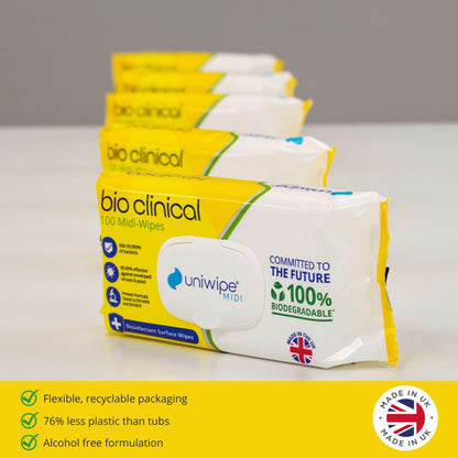 Uniwipe - Bioclinical Disinfectant Surface Wipes 100% Biodegradable Wipes (Pack of 100) - Case of 15 Packs