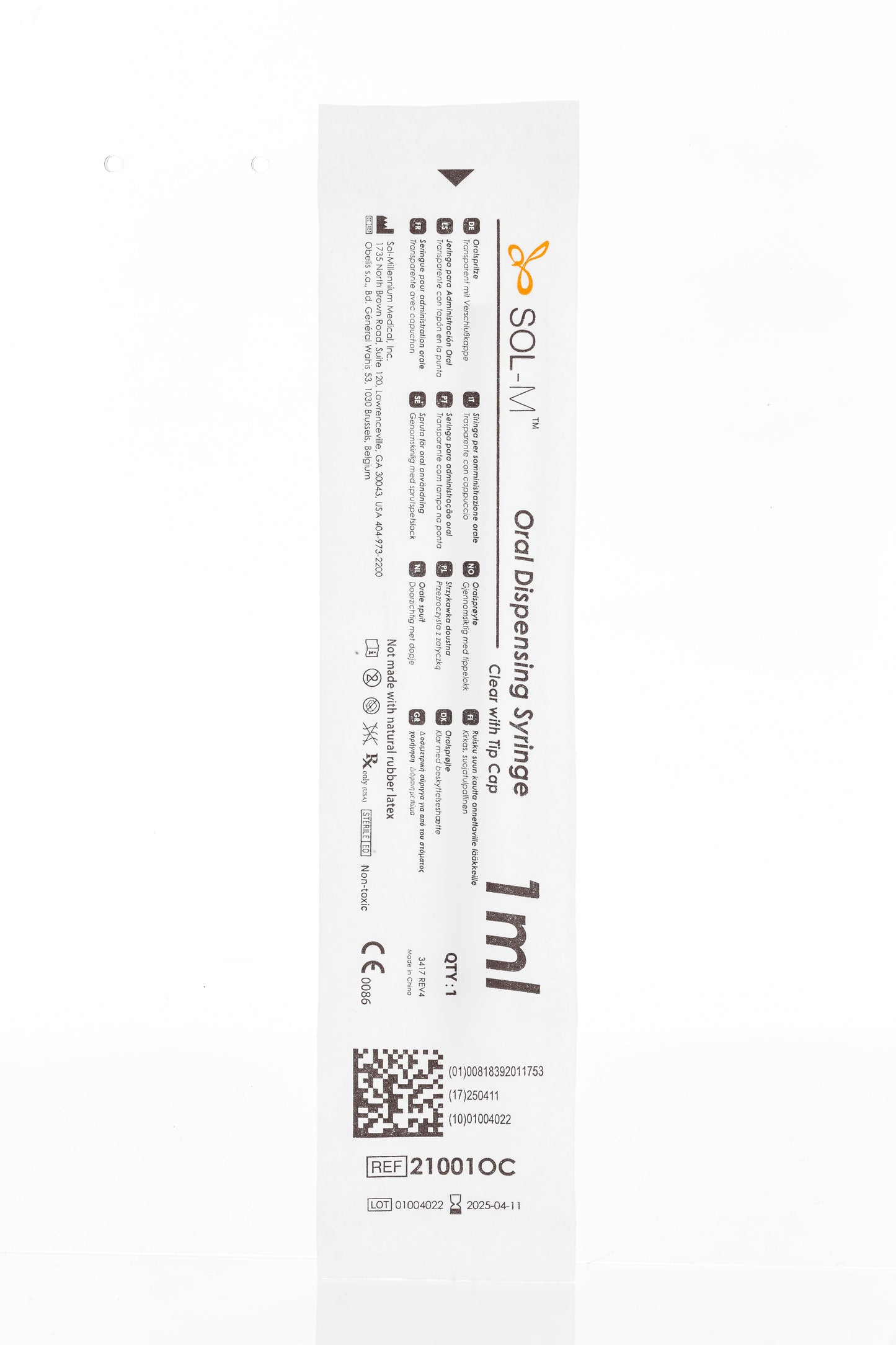 1ml SOL-M™ Oral Syringe w/ Tip Cap, Clear Barrel, White Plunger - Box 100