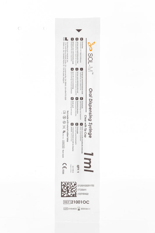 1ml SOL-M™ Oral Syringe w/ Tip Cap, Clear Barrel, White Plunger - Box 100
