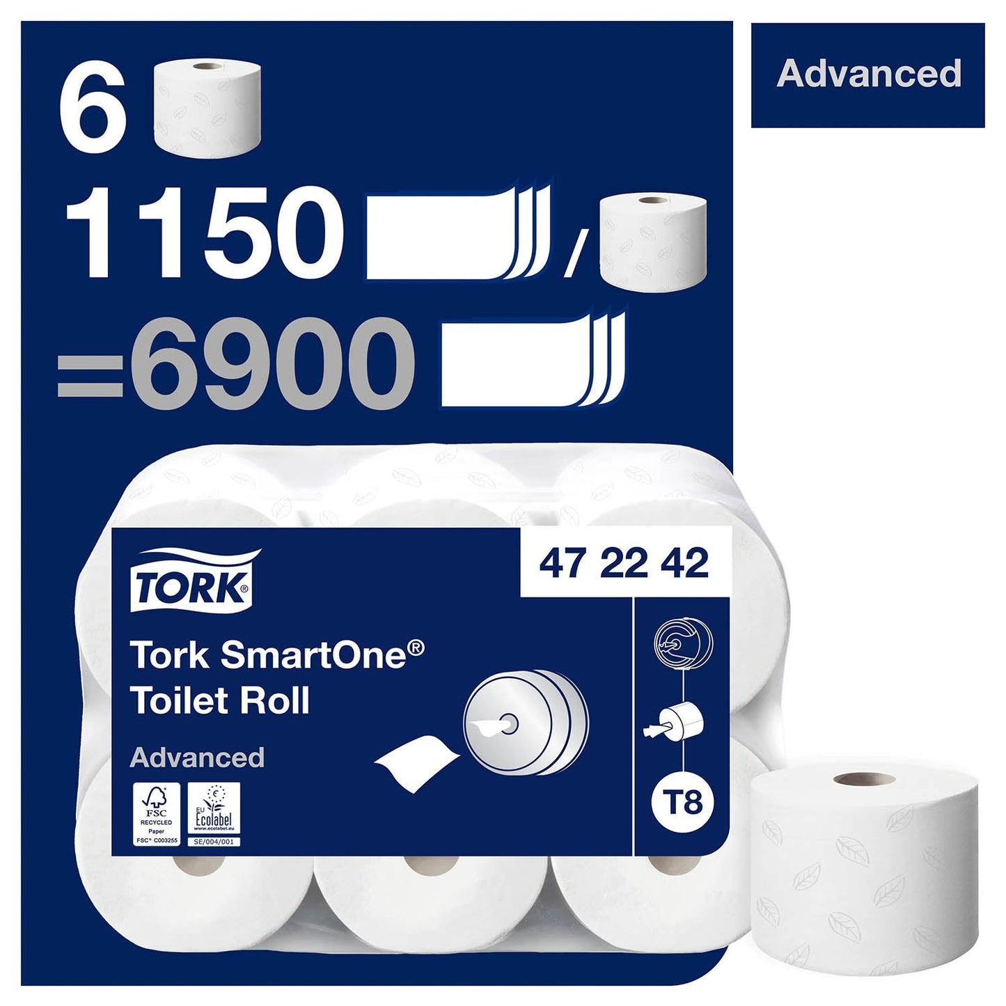 Tork SmartOne Toilet Roll Advanced 2Ply - 472242 -  Case of 6 x 1150 Sheets