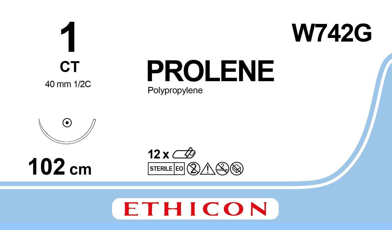 Prolene Sutures, Monfilament, Blue, 1, 100cm, 1xT/Point, 40mm, 1/2C - Box of 12